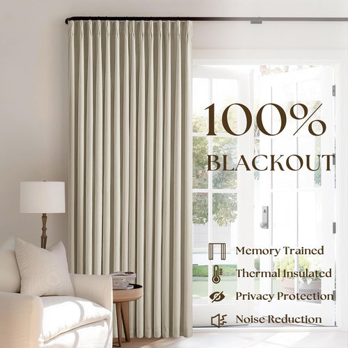 2 Panels 108 Inch Taupe Pinch Pleat Linen Blackout Farmhouse Curtains