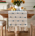 Caflife 90 Inch Blue Beige Tassel Woven Cotton Boho Farmhouse Table Runner