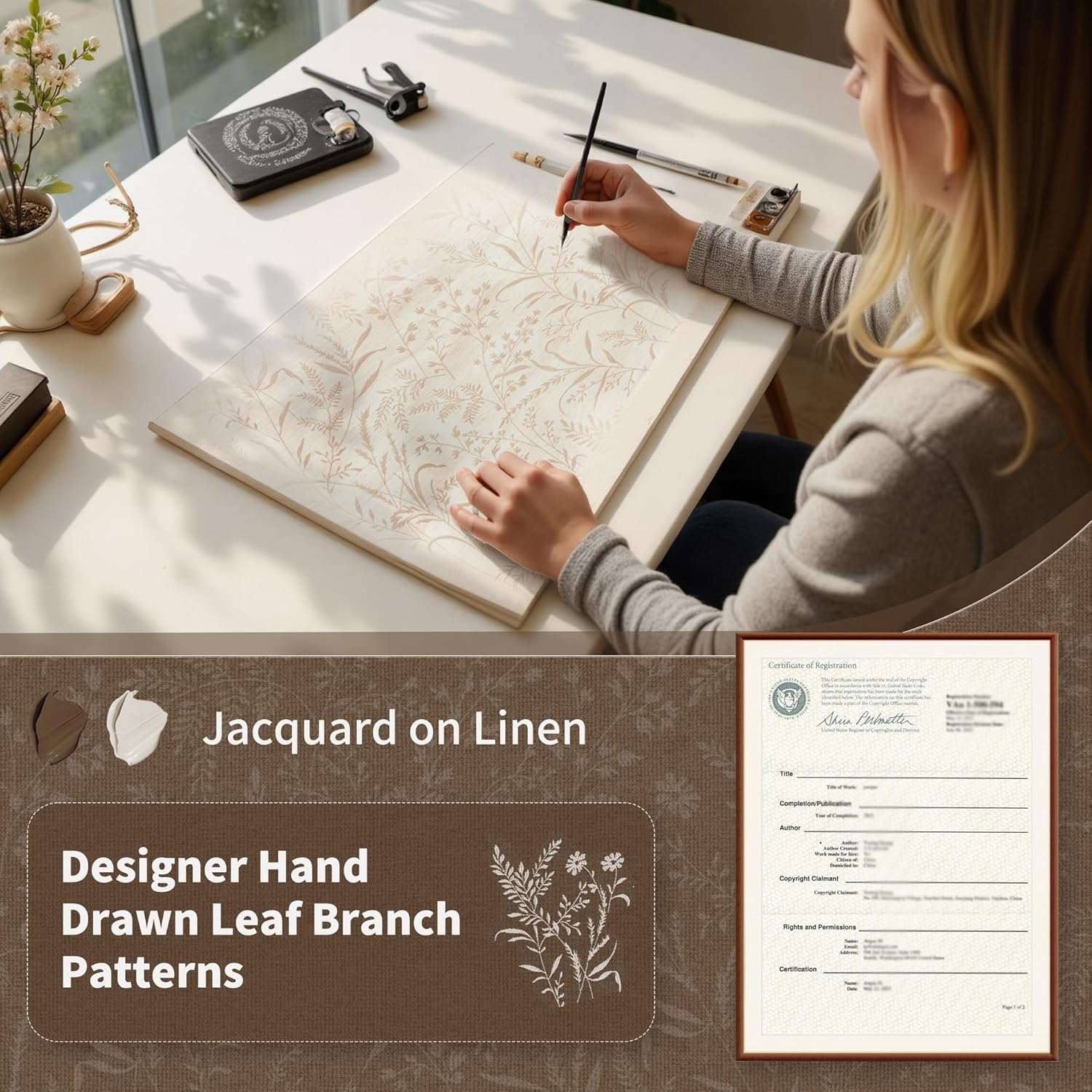 2 Panels 52x72 Inch Brown Jacquard Botanical Linen Light Filtering Cottage Curtains
