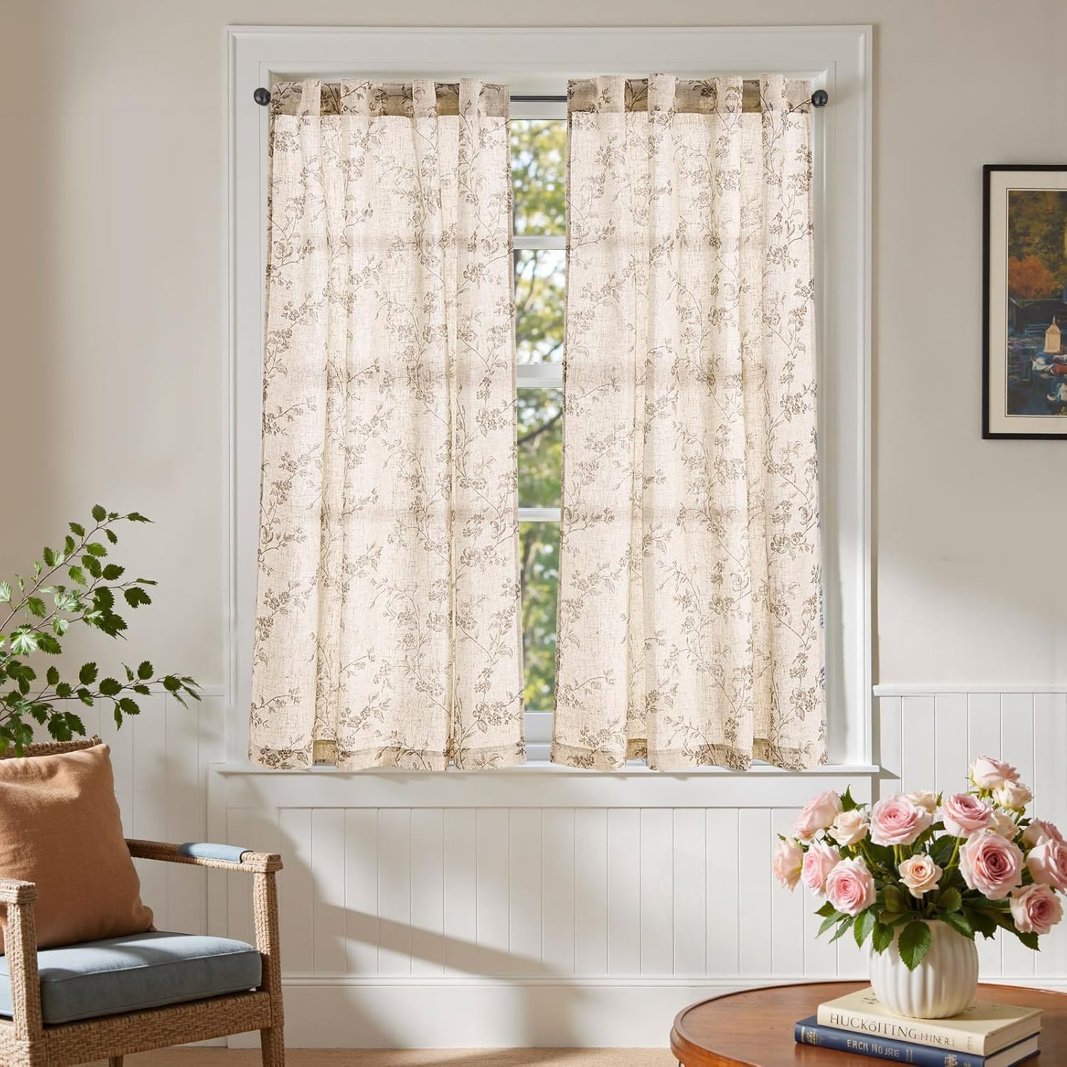 2 Panels 54 Inch Taupe Floral Linen Back Tab Farmhouse Tier Cafe Curtains