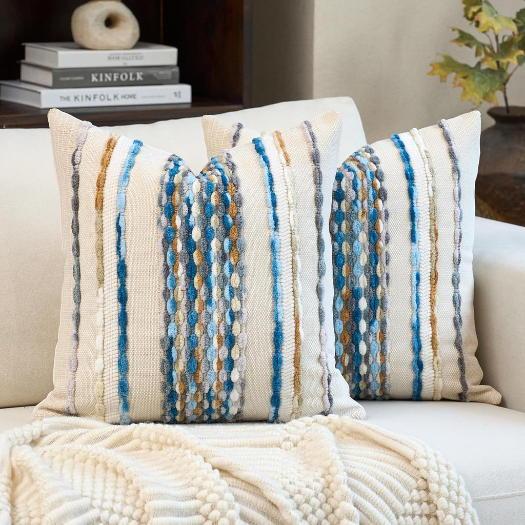 Aeckself 2Pcs 18x18 Sky Blue Striped Tufted Chenille Boho Farmhouse Pillow Covers