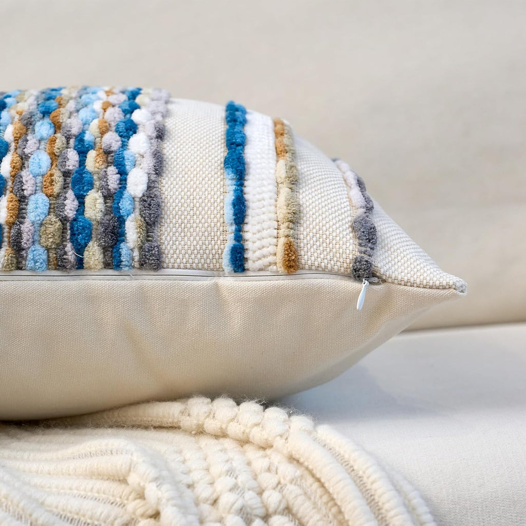 Aeckself 2Pcs 18x18 Sky Blue Striped Tufted Chenille Boho Farmhouse Pillow Covers