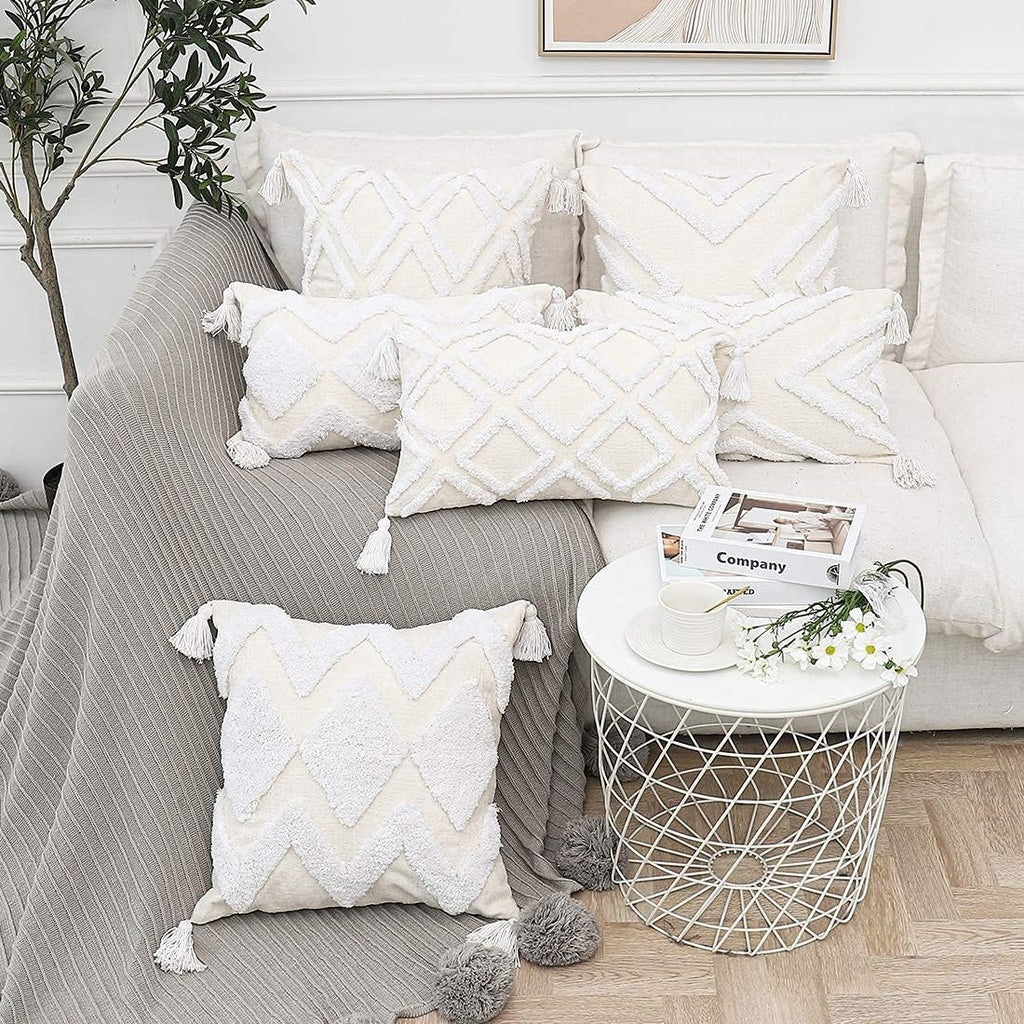 12x20 Boho White Tassel Lumbar Pillow Cover Tufted Chenille Cushion Case 1PC Cover Only