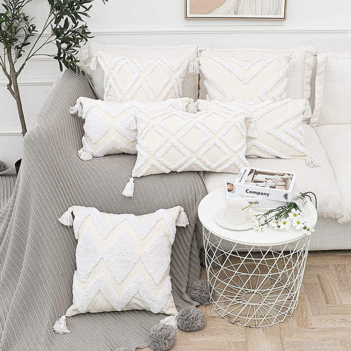 12x20 Boho White Tassel Lumbar Pillow Cover Tufted Chenille Cushion Case 1PC Cover Only