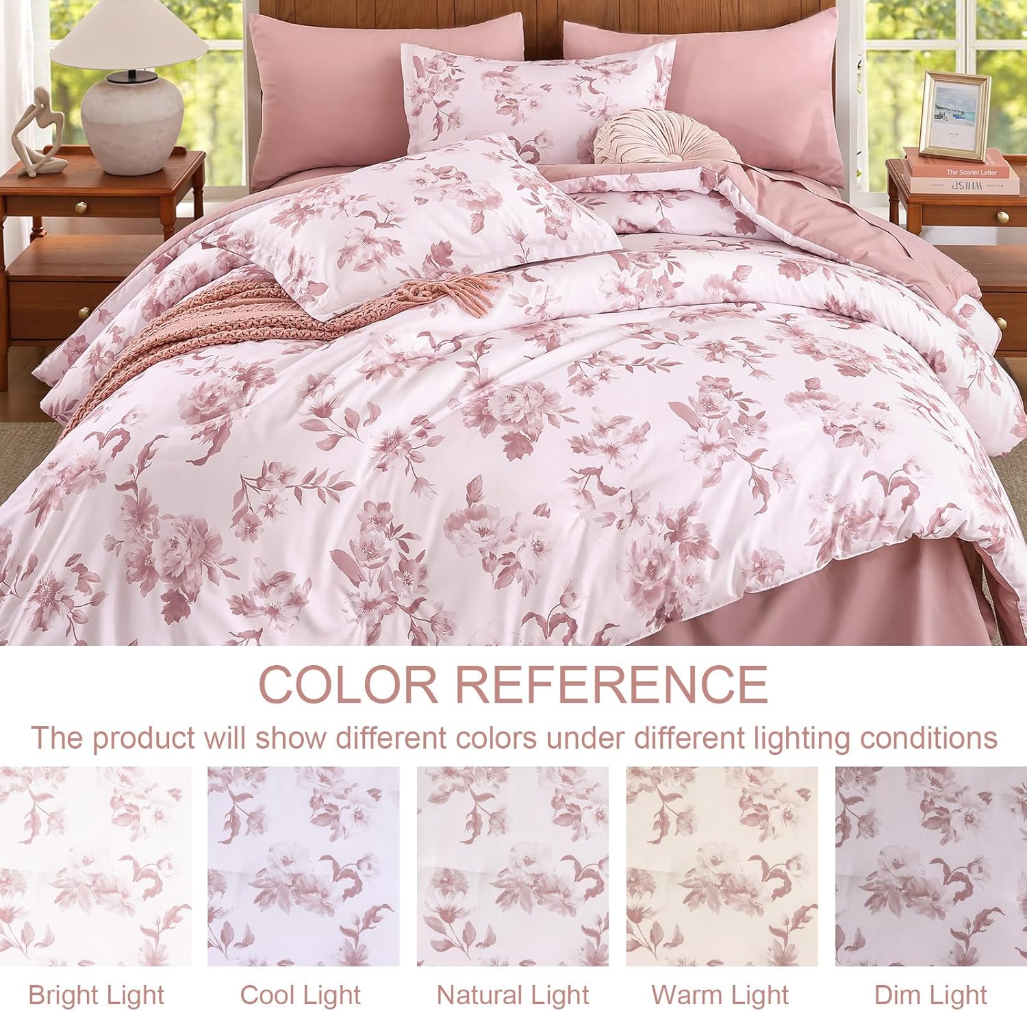 7-Piece Queen Pink Watercolor Floral All Season Lightweight Bed in a Bag Comforter Set