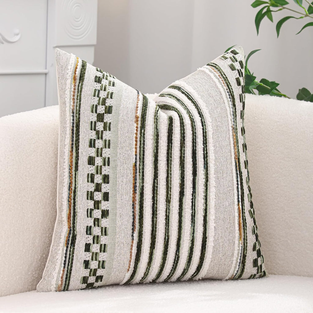 2Pcs 18x18 Dark Green Tufted Chenille Striped Boho Farmhouse Pillow Covers