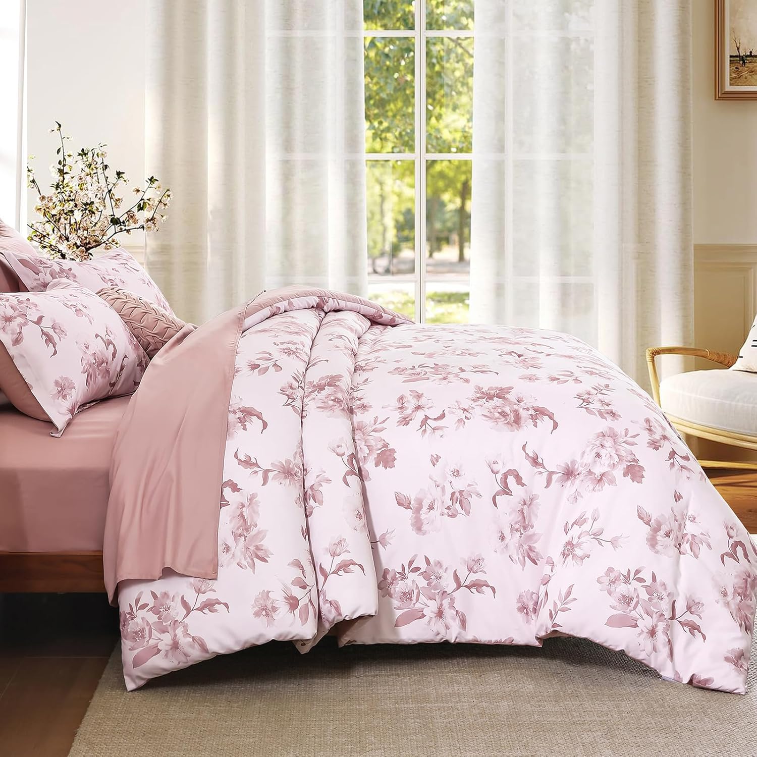 7-Piece Queen Pink Watercolor Floral All Season Lightweight Bed in a Bag Comforter Set