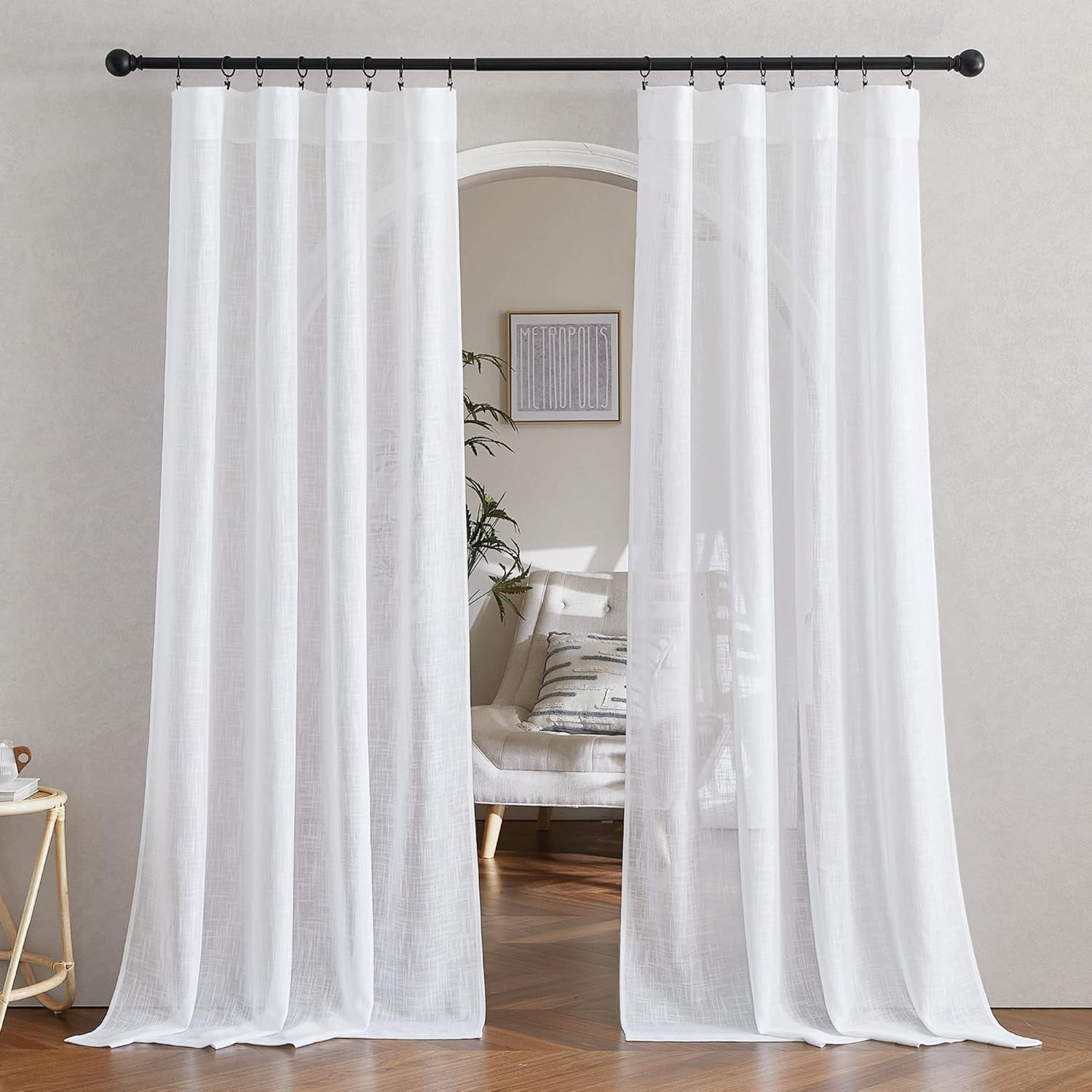 2 Panels 52x84 Inch White Linen Sheer Rod Pocket Back Tab Curtains