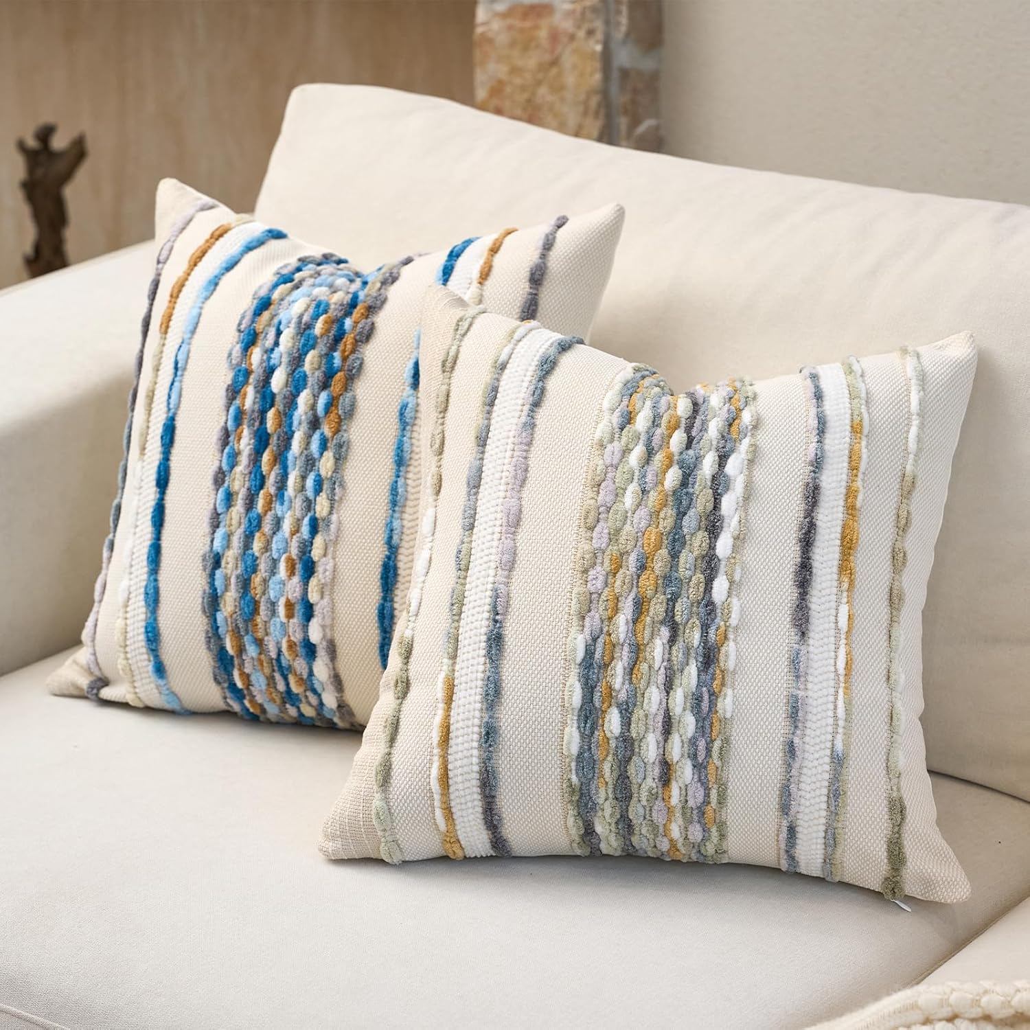 Aeckself 2Pcs 18x18 Sky Blue Striped Tufted Chenille Boho Farmhouse Pillow Covers
