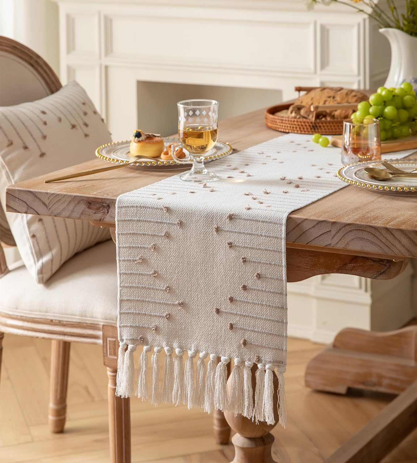 13x90 Inch Taupe Beige Tassel Woven Cotton Boho Farmhouse Table Runner