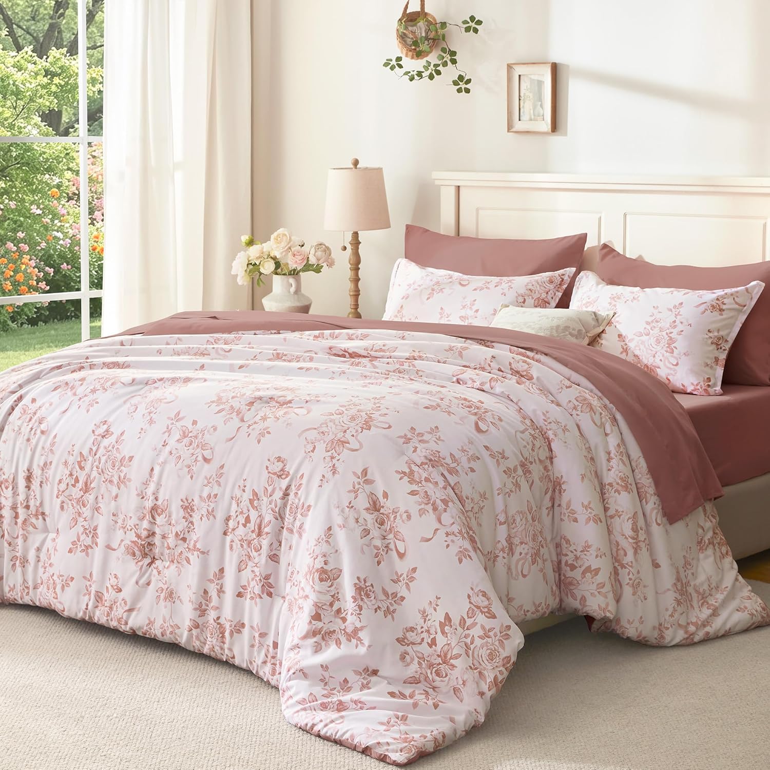 Andency 7 Pieces Queen Pink Floral Vintage All Season Bed in a Bag Comforter Set