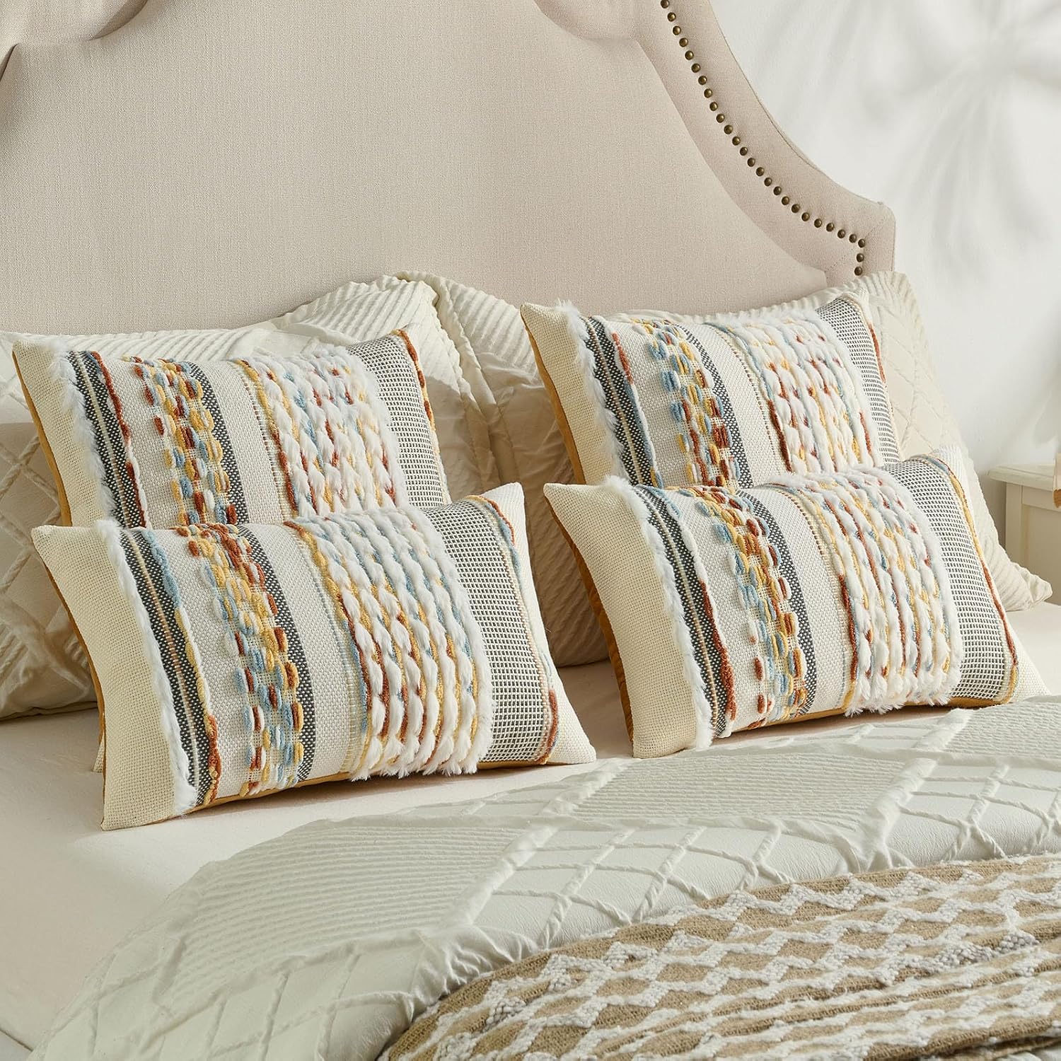 2Pcs 20x20 Rust Blue Yellow Tufted Striped Chenille Boho Farmhouse Pillow Covers