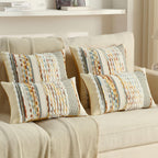 2Pcs 20x20 Rust Blue Yellow Tufted Striped Chenille Boho Farmhouse Pillow Covers