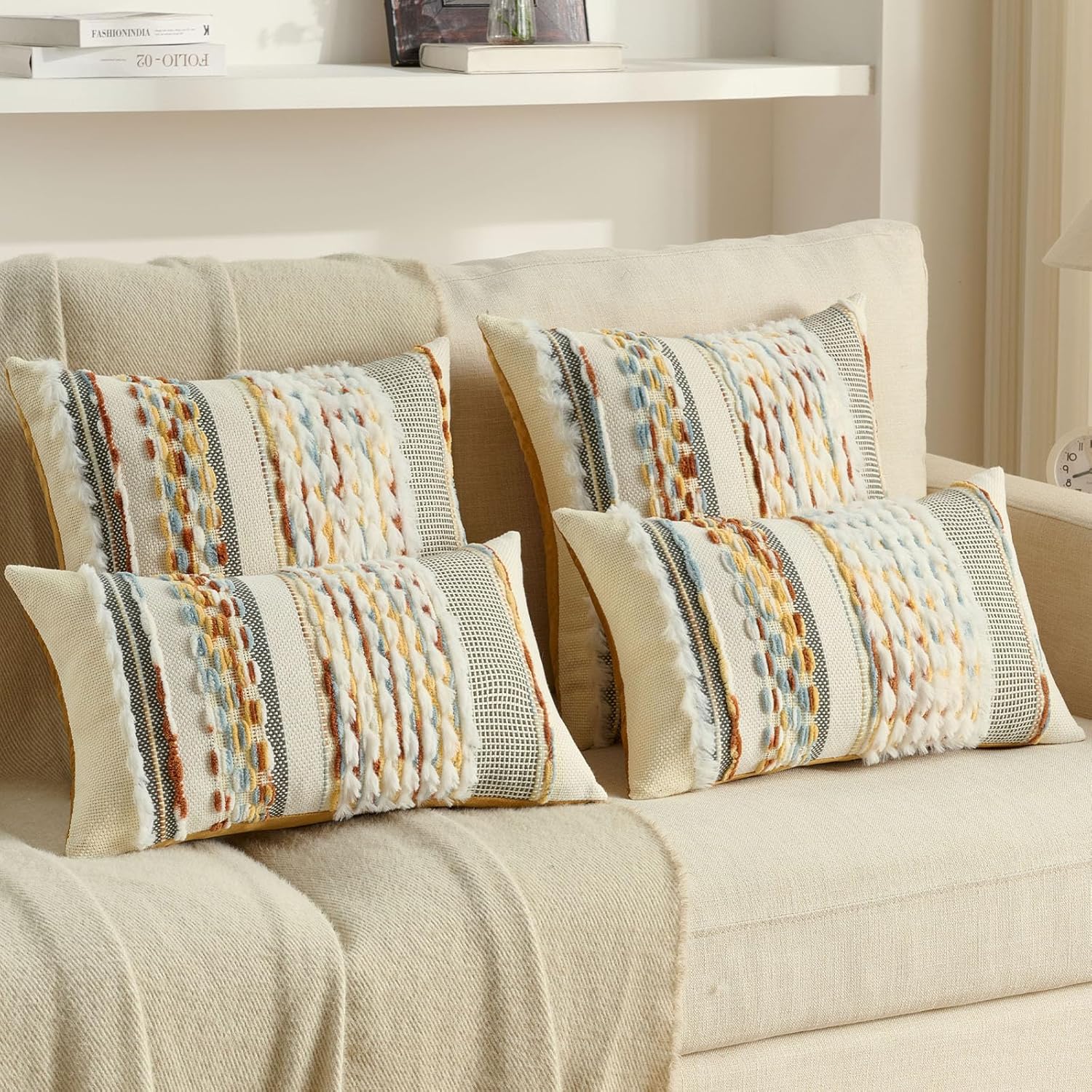 2Pcs 20x20 Rust Blue Yellow Tufted Striped Chenille Boho Farmhouse Pillow Covers