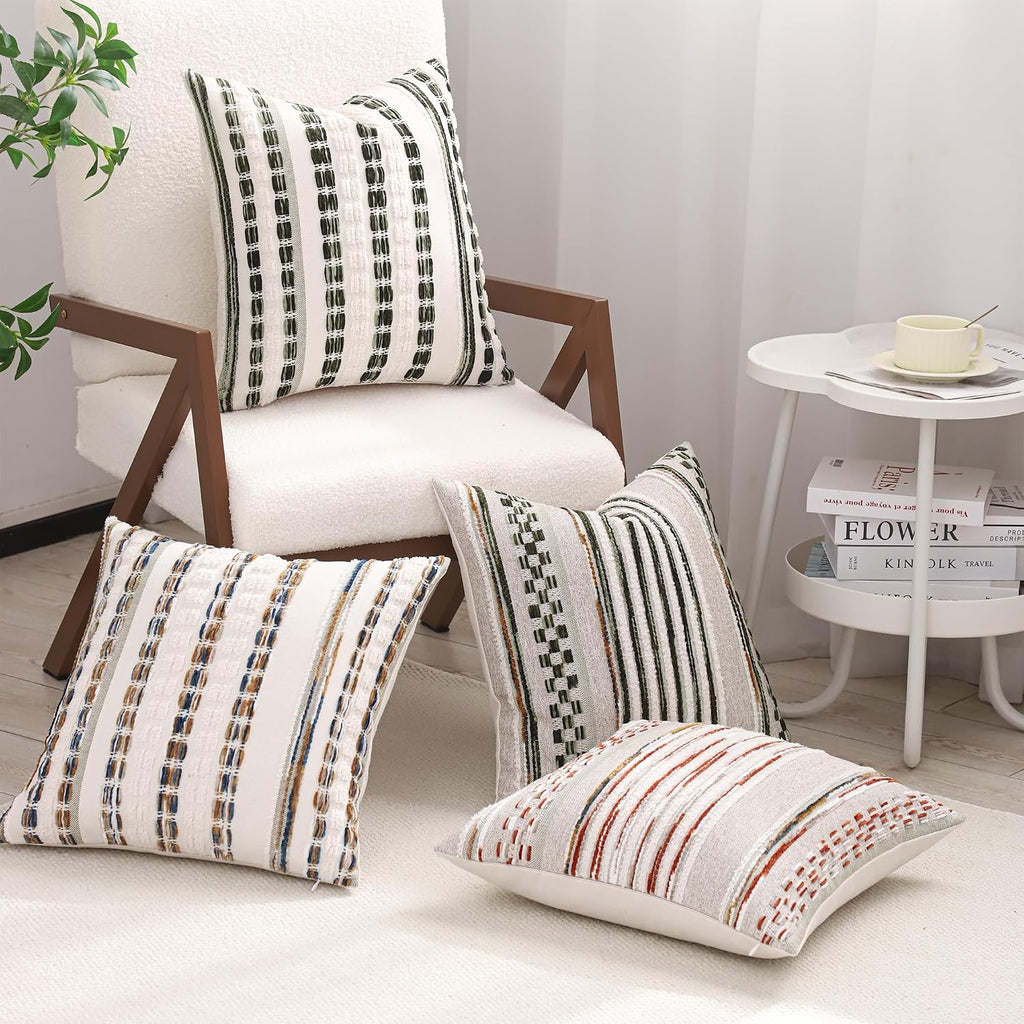 2Pcs 18x18 Dark Green Tufted Chenille Striped Boho Farmhouse Pillow Covers