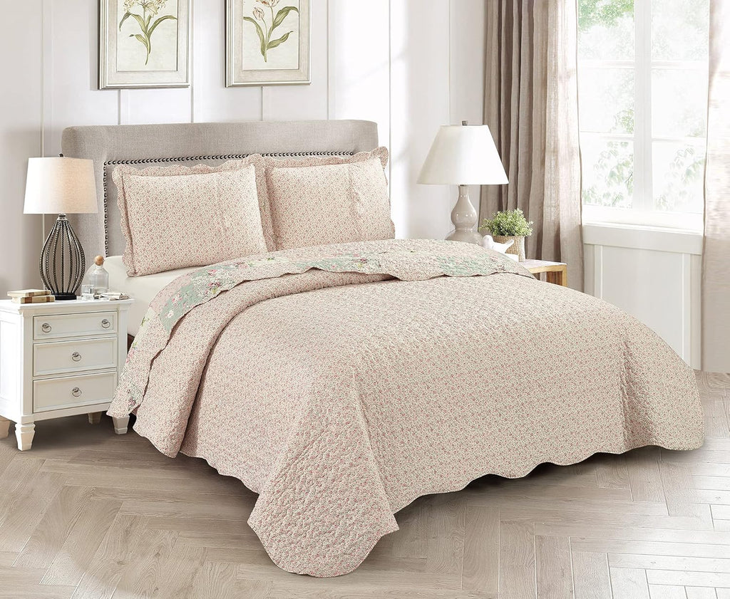 Sunshine 3-Piece Full/Queen Pink Green Patchwork Reversible Floral Quilt Coverlet Set