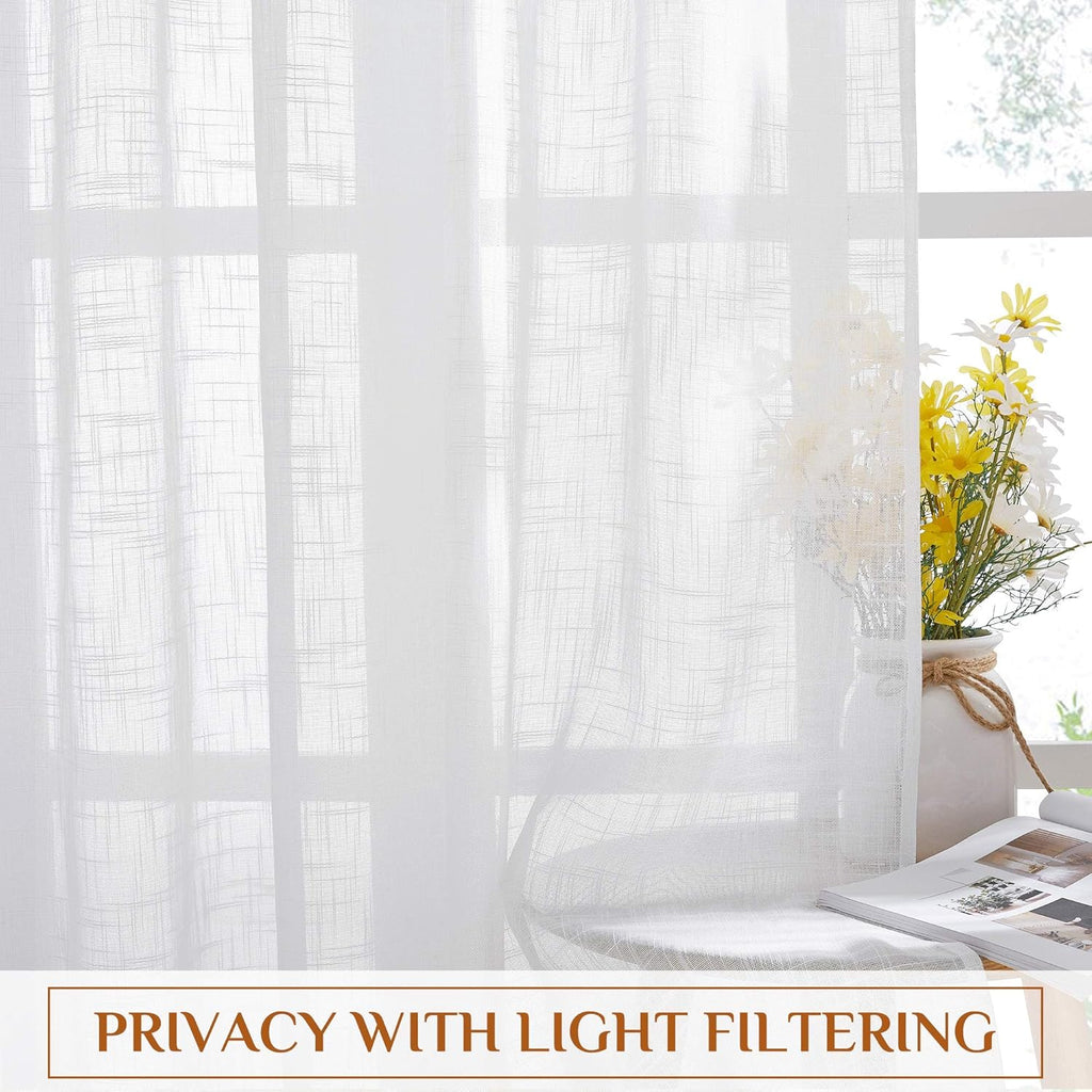 2 Panels 52x84 Inch White Linen Sheer Rod Pocket Back Tab Curtains