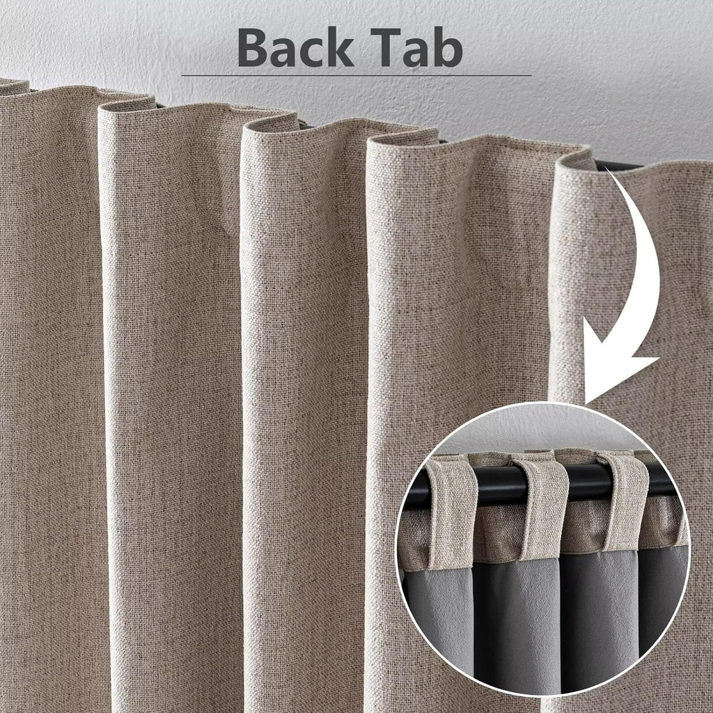 2 Panels 52x84 Inch Beige Faux Linen Thermal 100% Blackout Back Tab Rod Pocket Curtains