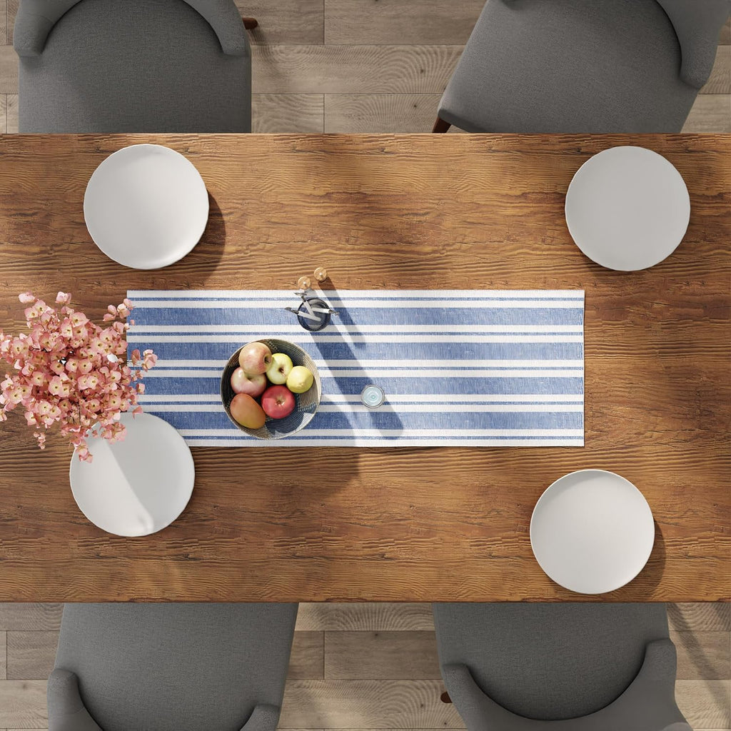 13x36 Inch Franca Blue Striped Washable Cotton Table Runner