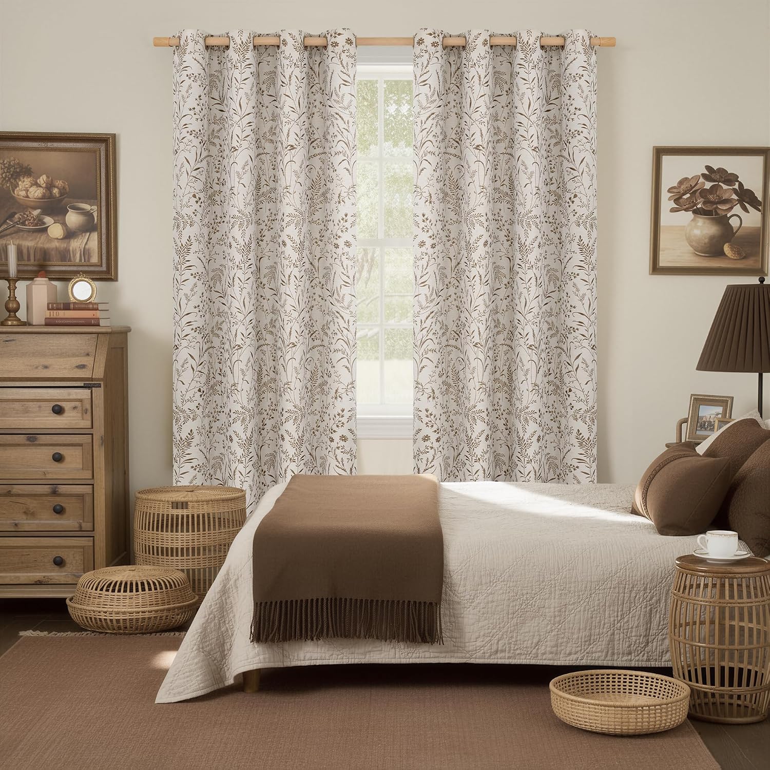 2 Panels 52x72 Inch Brown Jacquard Botanical Linen Light Filtering Cottage Curtains