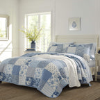 Blue Cotton Reversible Patchwork Paisley Floral Quilt Set with Shams