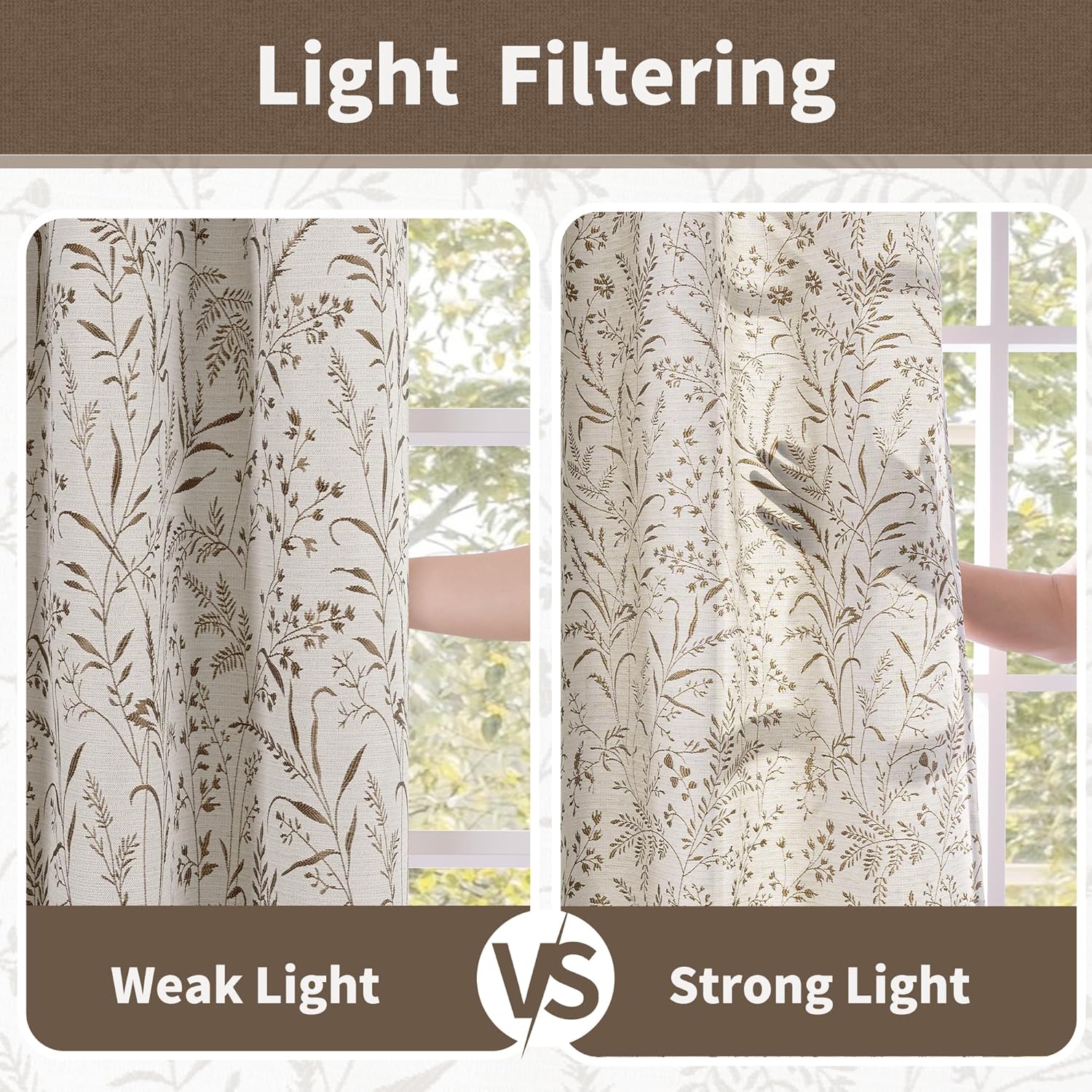 2 Panels 52x72 Inch Brown Jacquard Botanical Linen Light Filtering Cottage Curtains