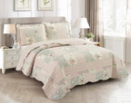 Sunshine 3-Piece Full/Queen Pink Green Patchwork Reversible Floral Quilt Coverlet Set