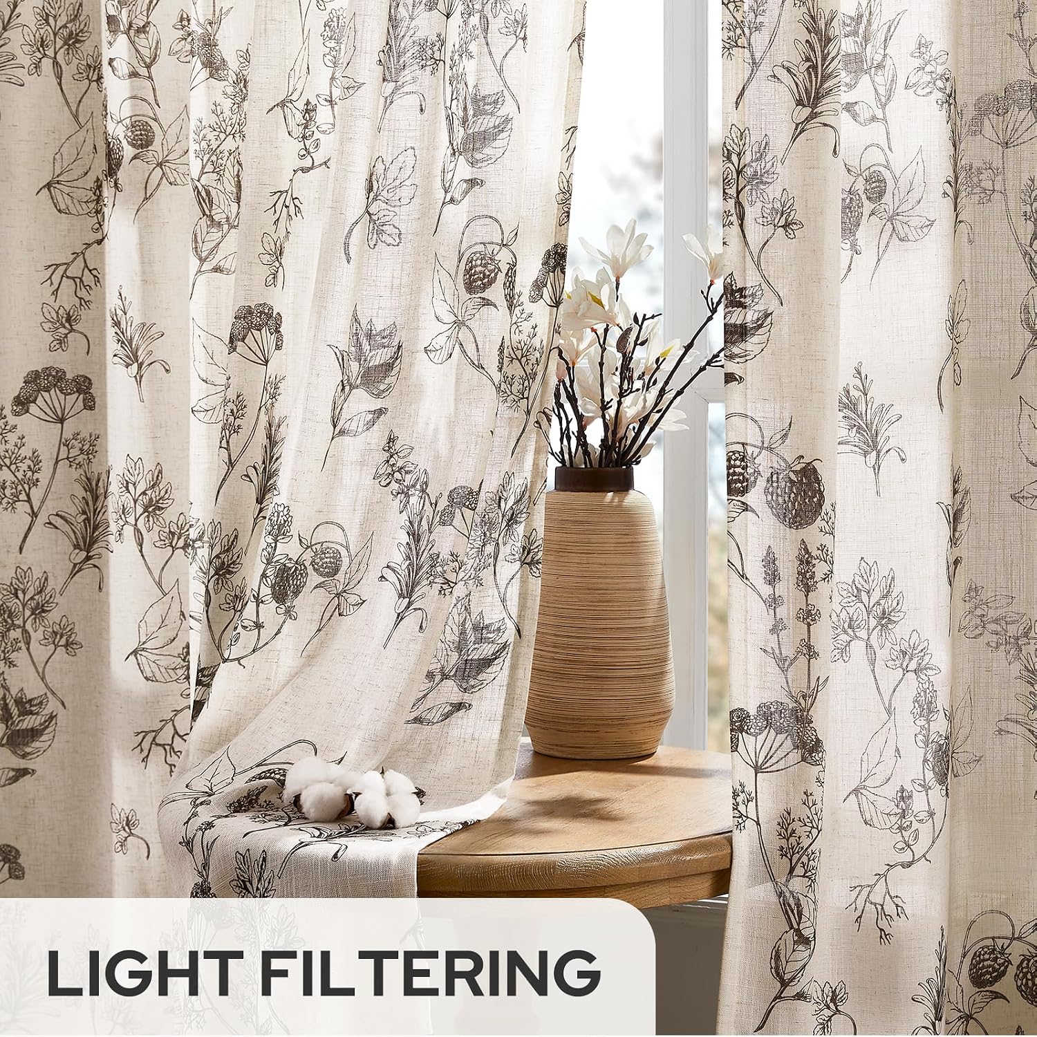 2 Panels 52x84 Inch Vanilla Floral Printed Linen Farmhouse Rod Pocket Curtains