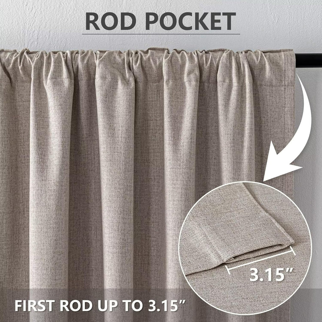 2 Panels 52x84 Inch Beige Faux Linen Thermal 100% Blackout Back Tab Rod Pocket Curtains