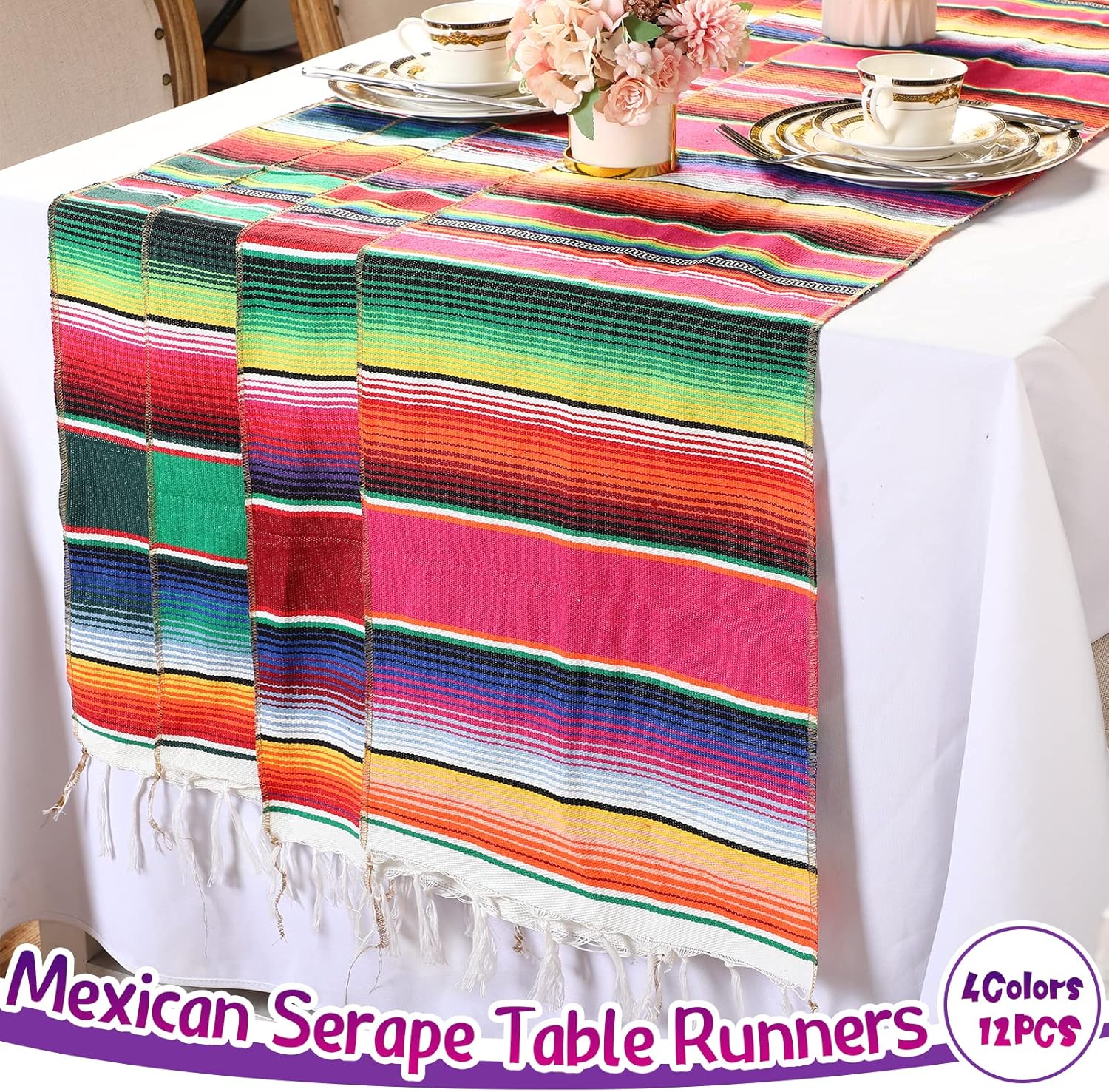 12Pcs 14x84 Inch Colorful Striped Mexican Serape Table Runners for Fiesta Party