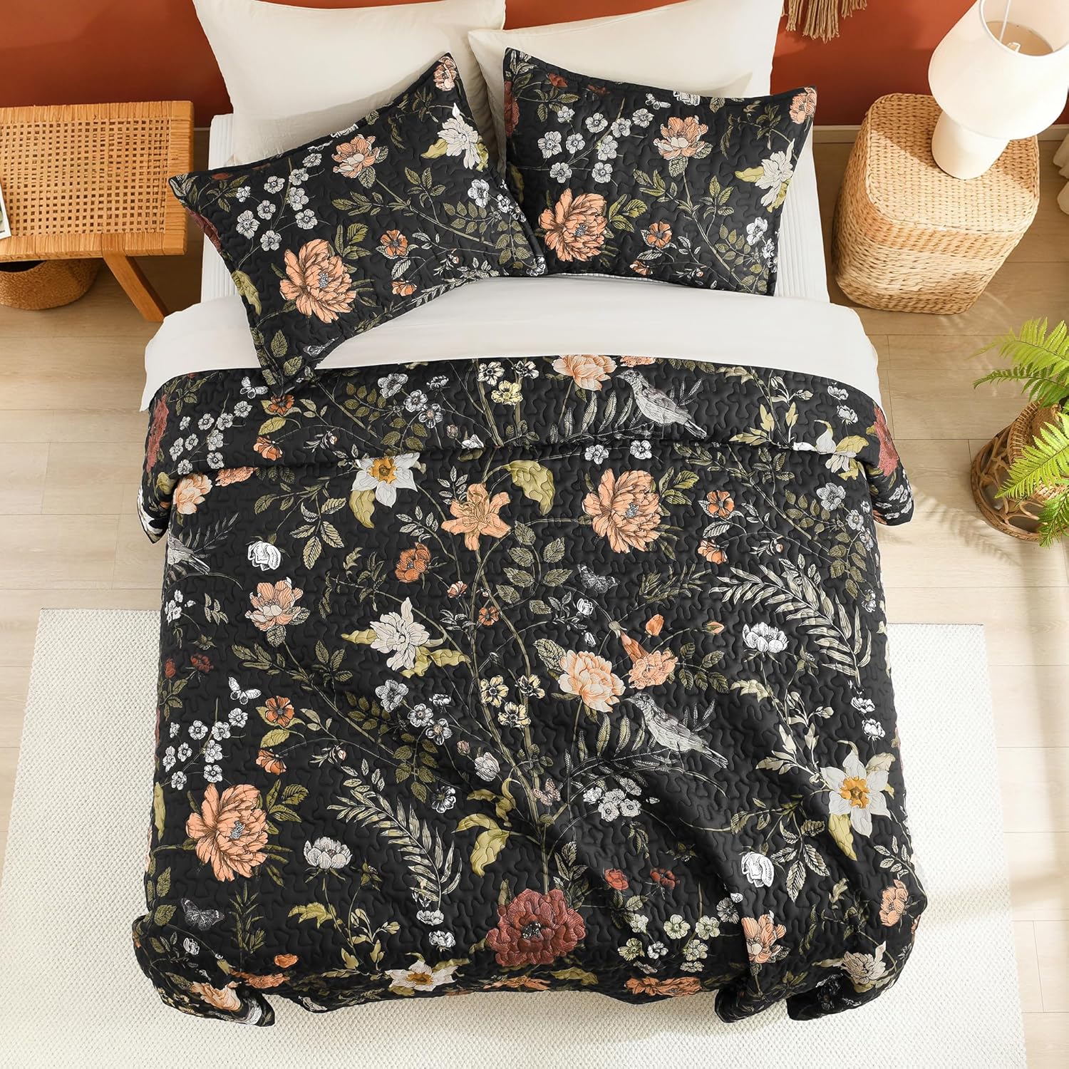 3-Piece King Black Botanical Bird Pattern Lightweight Quilt Coverlet Set