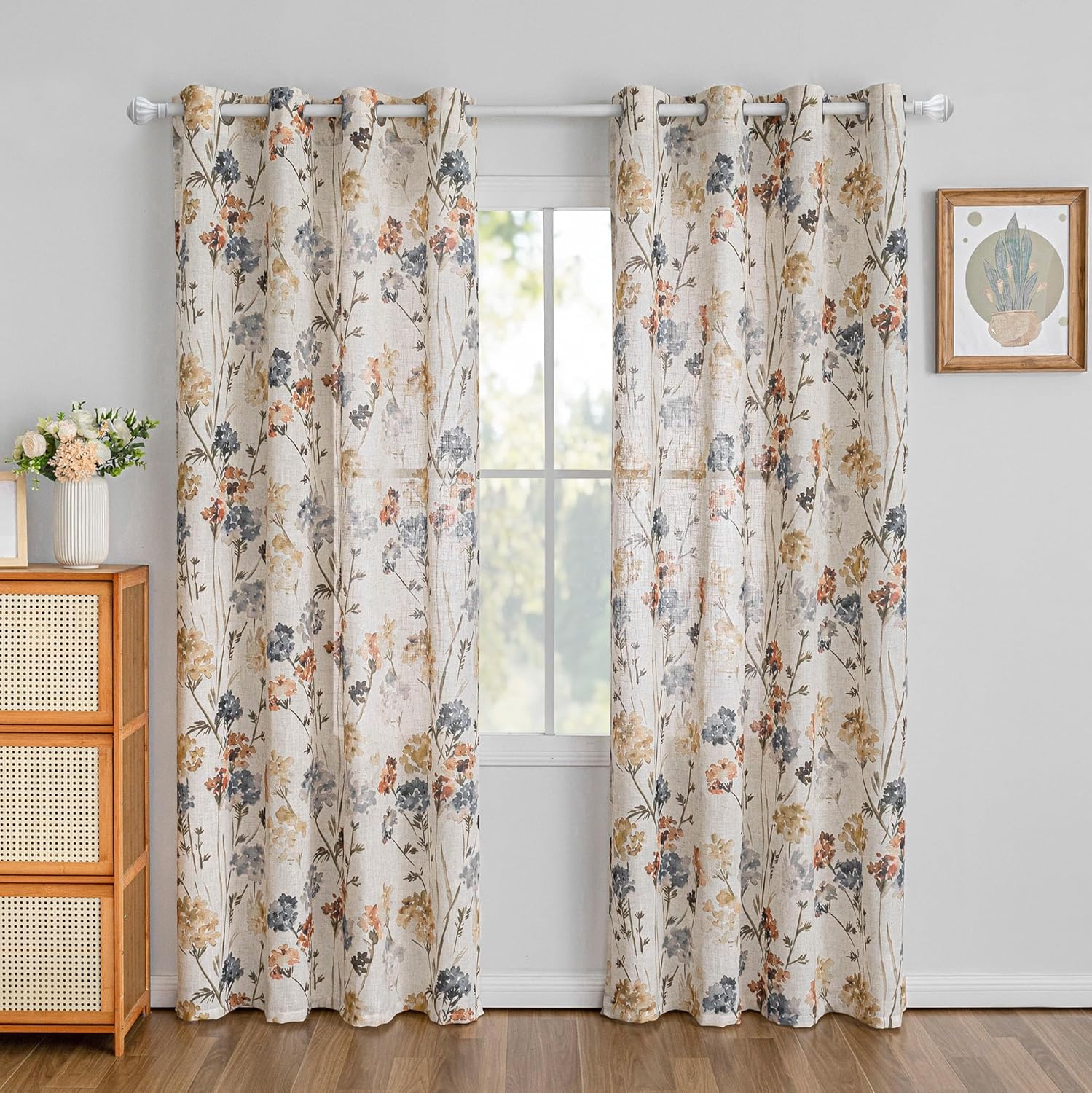 2 Panels 52x84 Inch Yellow Floral Linen Grommet Semi Sheer Farmhouse Curtains