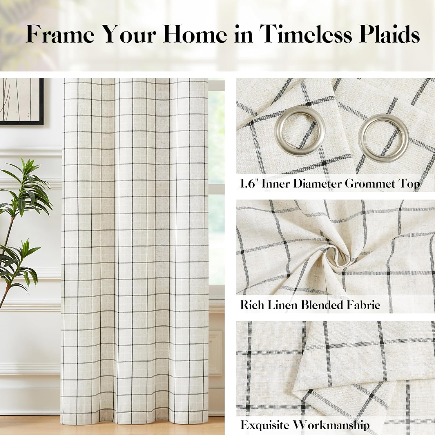 2 Panels 40x84 Inch Black White Buffalo Plaid Linen Grommet Light Filtering Farmhouse Curtains