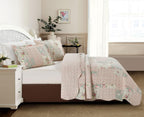 Sunshine 3-Piece Full/Queen Pink Green Patchwork Reversible Floral Quilt Coverlet Set