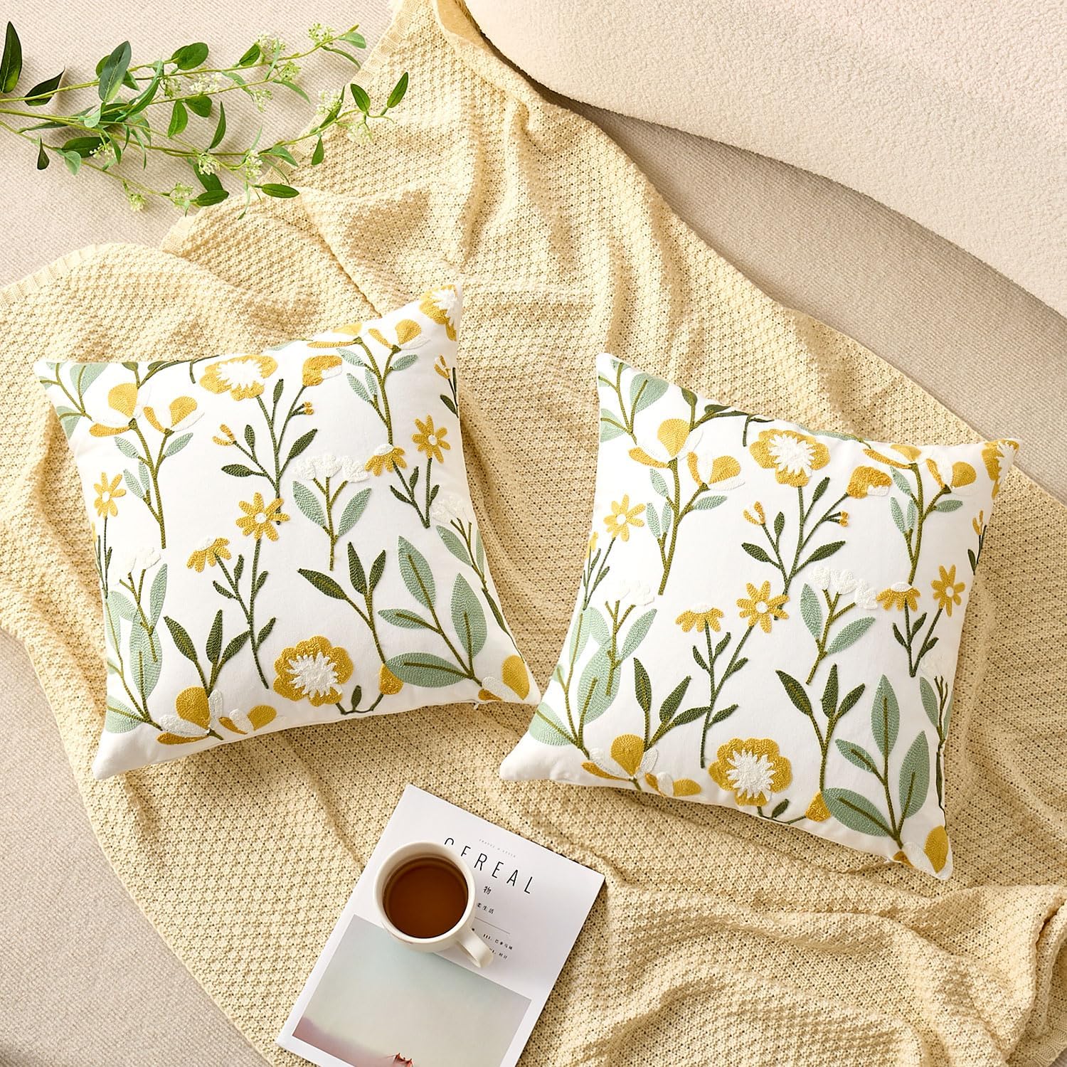 2Pcs 18x18 Green Floral Embroidered Tufted Farmhouse Throw Pillow Covers