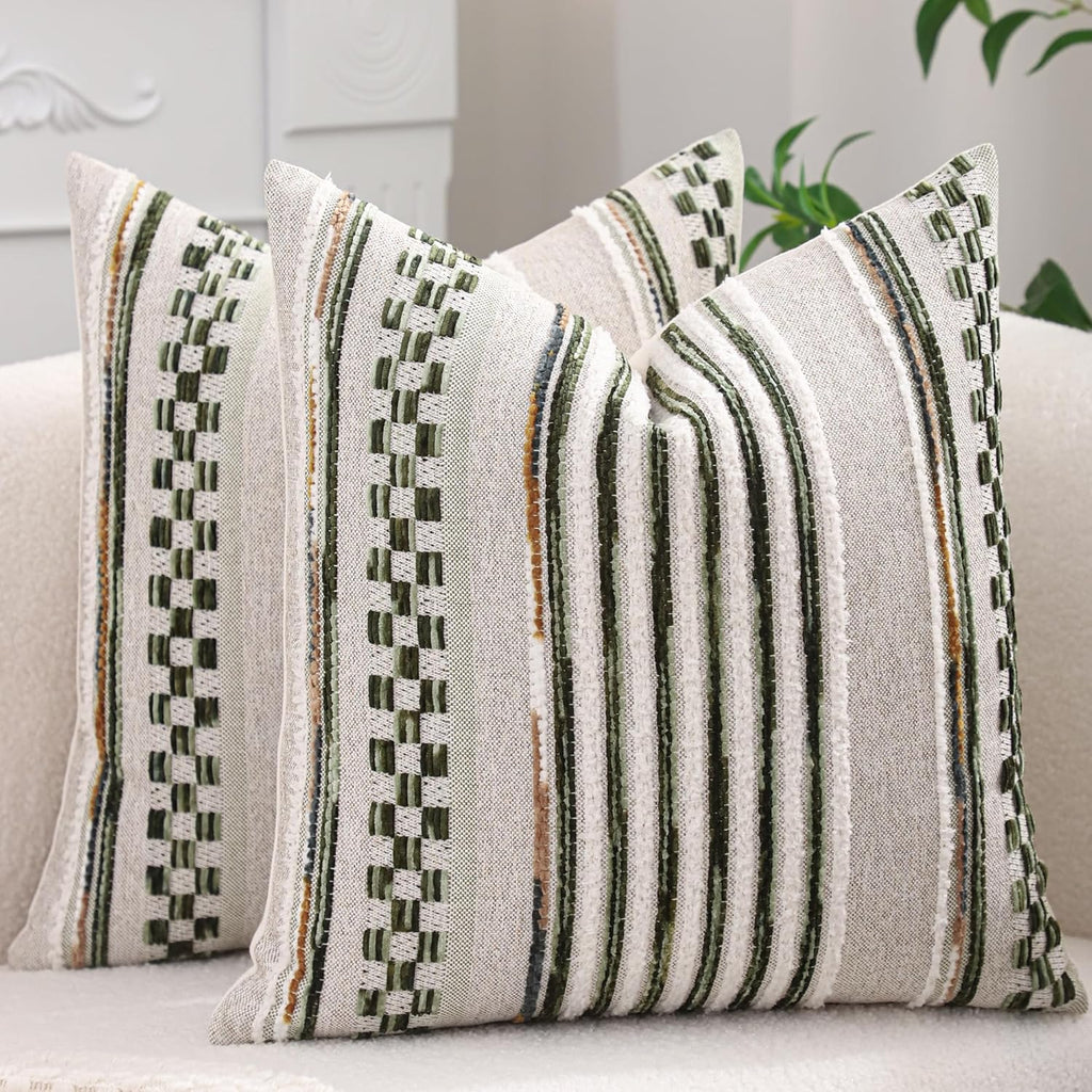2Pcs 18x18 Dark Green Tufted Chenille Striped Boho Farmhouse Pillow Covers