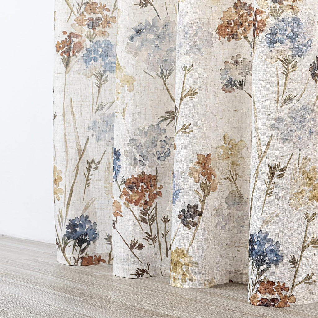 2 Panels 52x84 Inch Yellow Floral Linen Grommet Semi Sheer Farmhouse Curtains