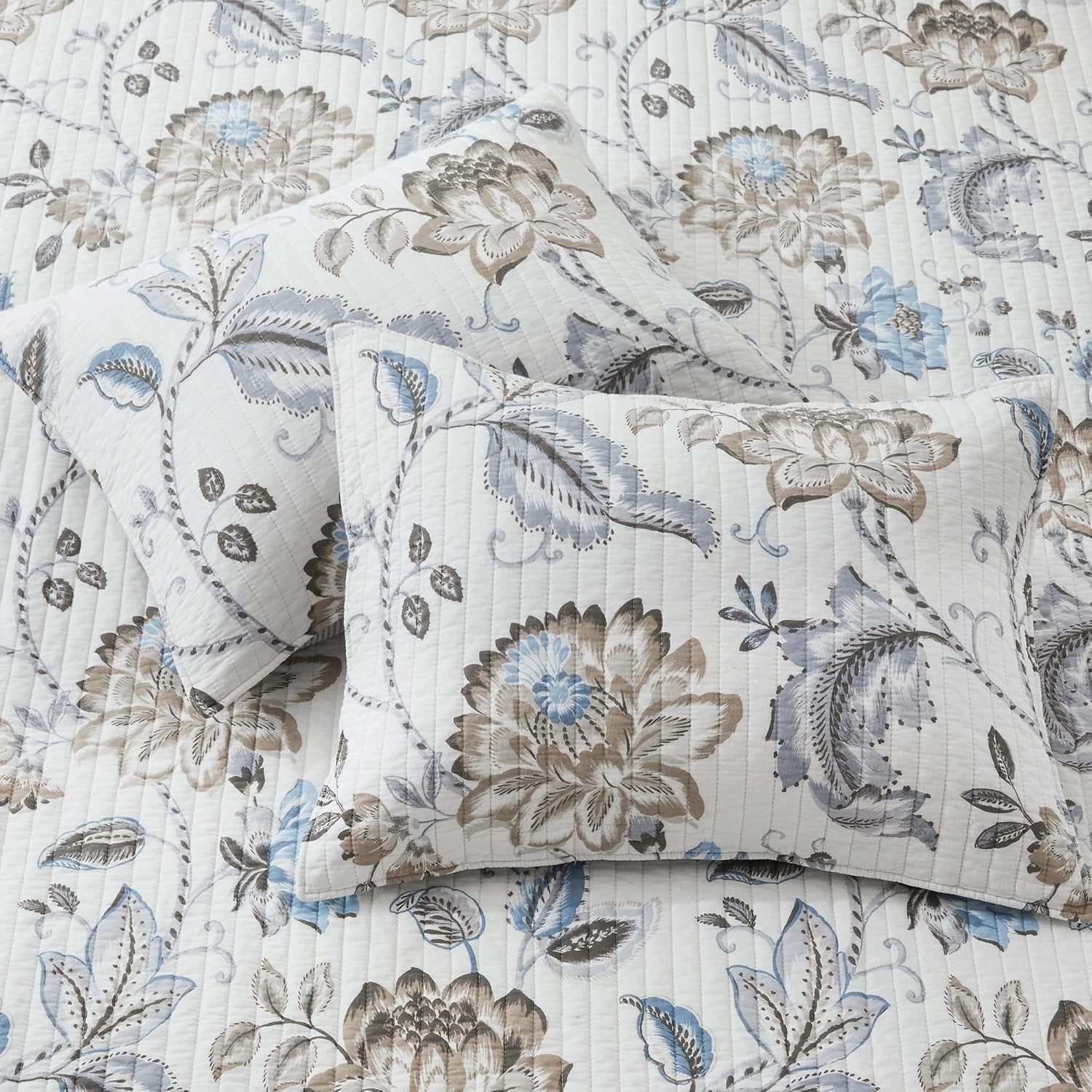 3-Piece King Cotton Reversible Floral Quilt Set Taupe Blue Cream