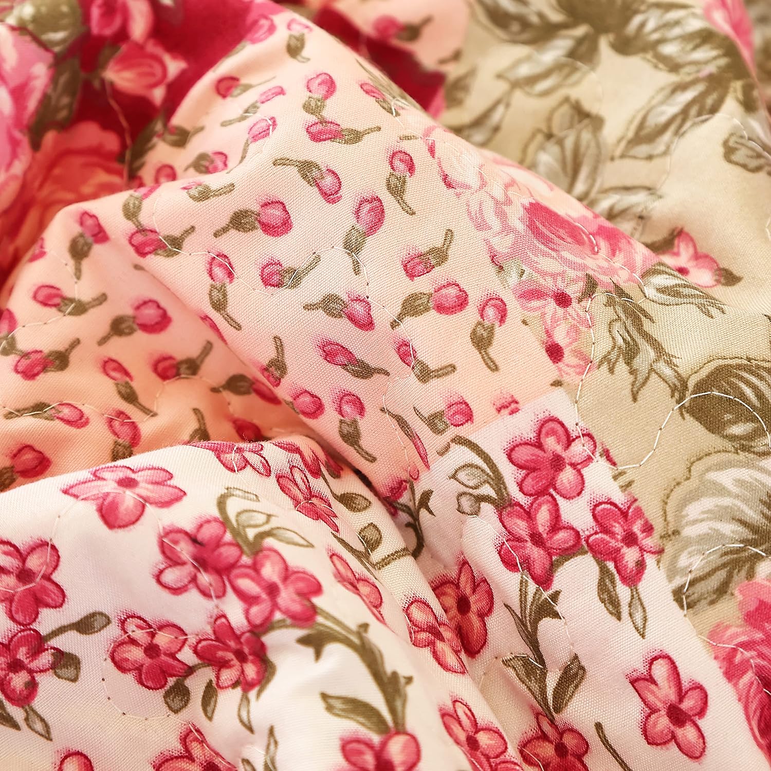 Hot Pink Rose Floral Reversible Lightweight Quilt Bedspread Set with Pillow Cases