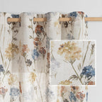 2 Panels 52x84 Inch Yellow Floral Linen Grommet Semi Sheer Farmhouse Curtains