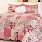 Hot Pink Rose Floral Reversible Lightweight Quilt Bedspread Set with Pillow Cases