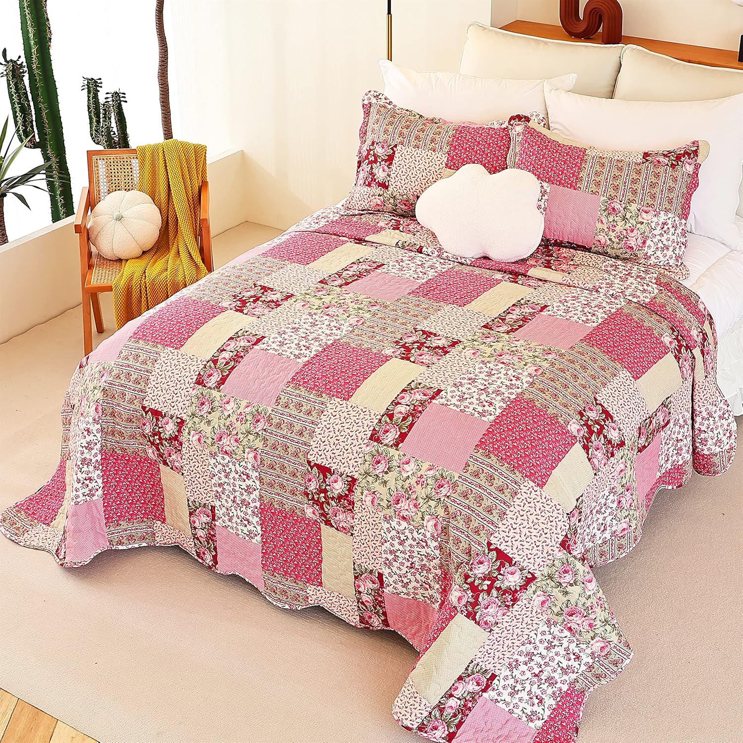 Hot Pink Rose Floral Reversible Lightweight Quilt Bedspread Set with Pillow Cases