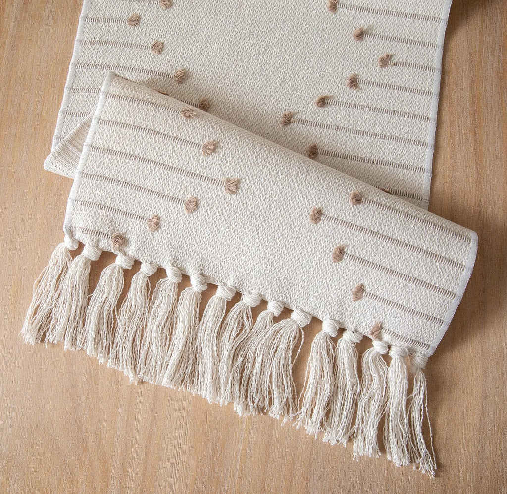13x90 Inch Taupe Beige Tassel Woven Cotton Boho Farmhouse Table Runner