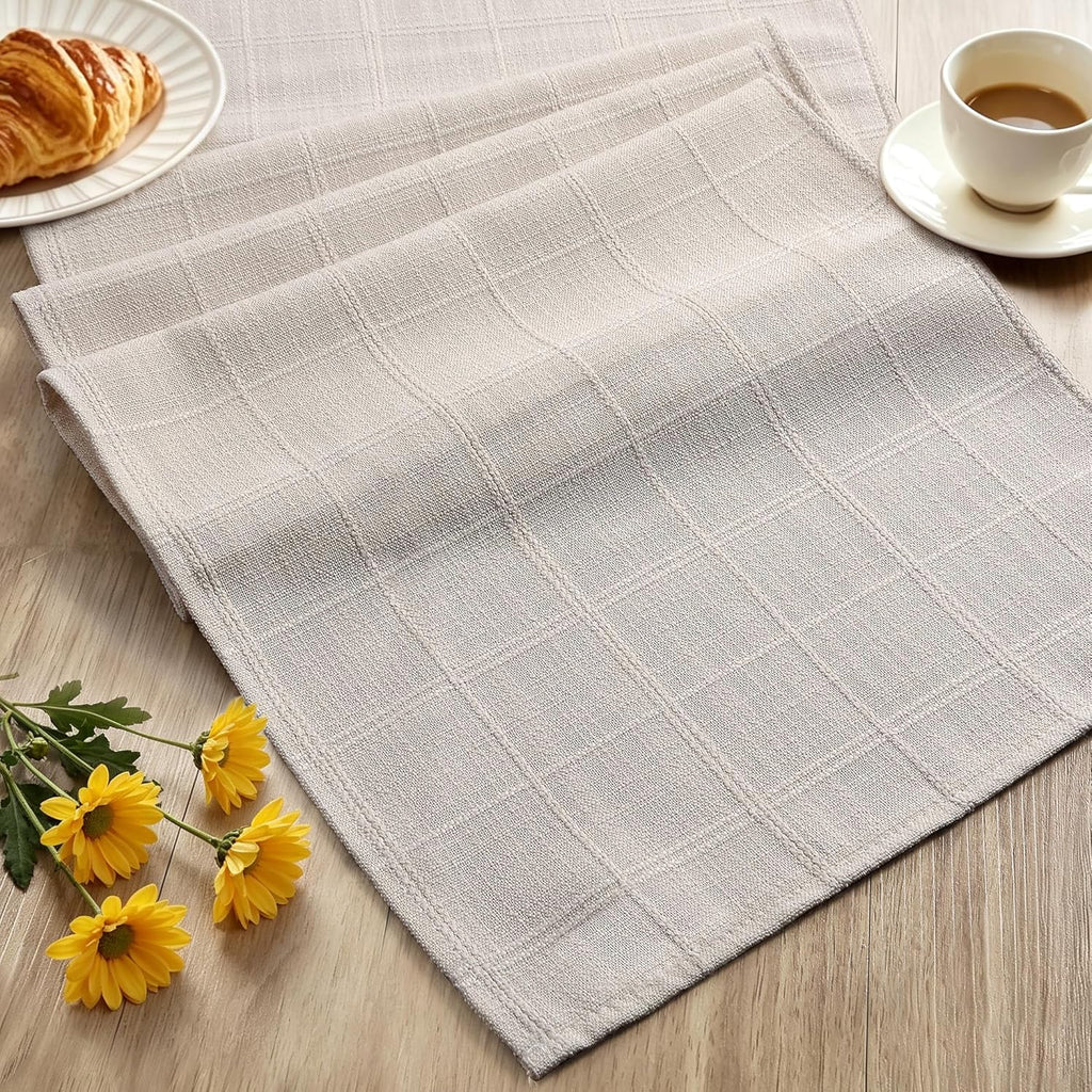 36 Inch Beige Checked Cotton Linen Farmhouse Table Runner
