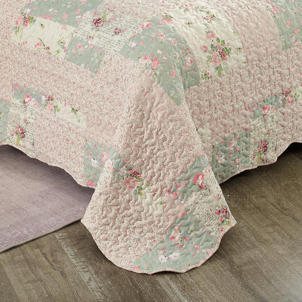 Sunshine 3-Piece Full/Queen Pink Green Patchwork Reversible Floral Quilt Coverlet Set