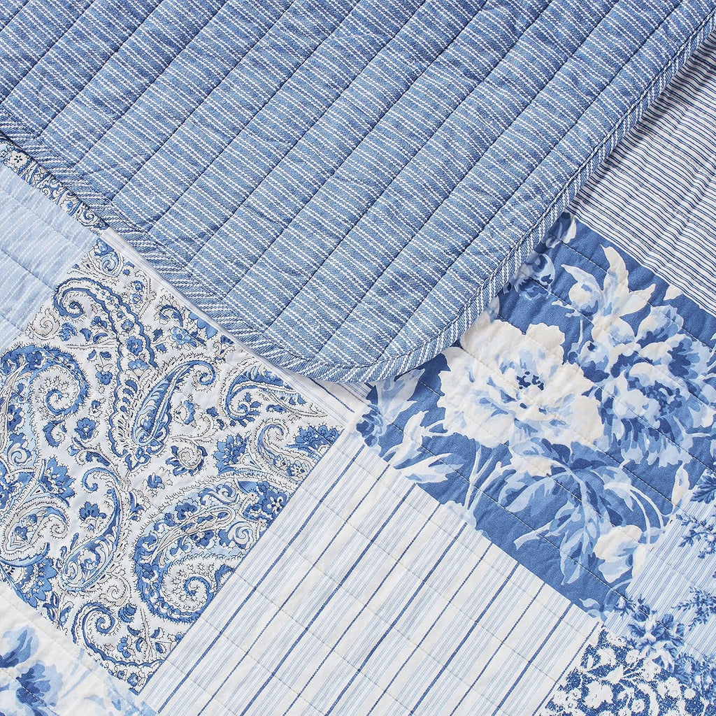 Blue Cotton Reversible Patchwork Paisley Floral Quilt Set with Shams